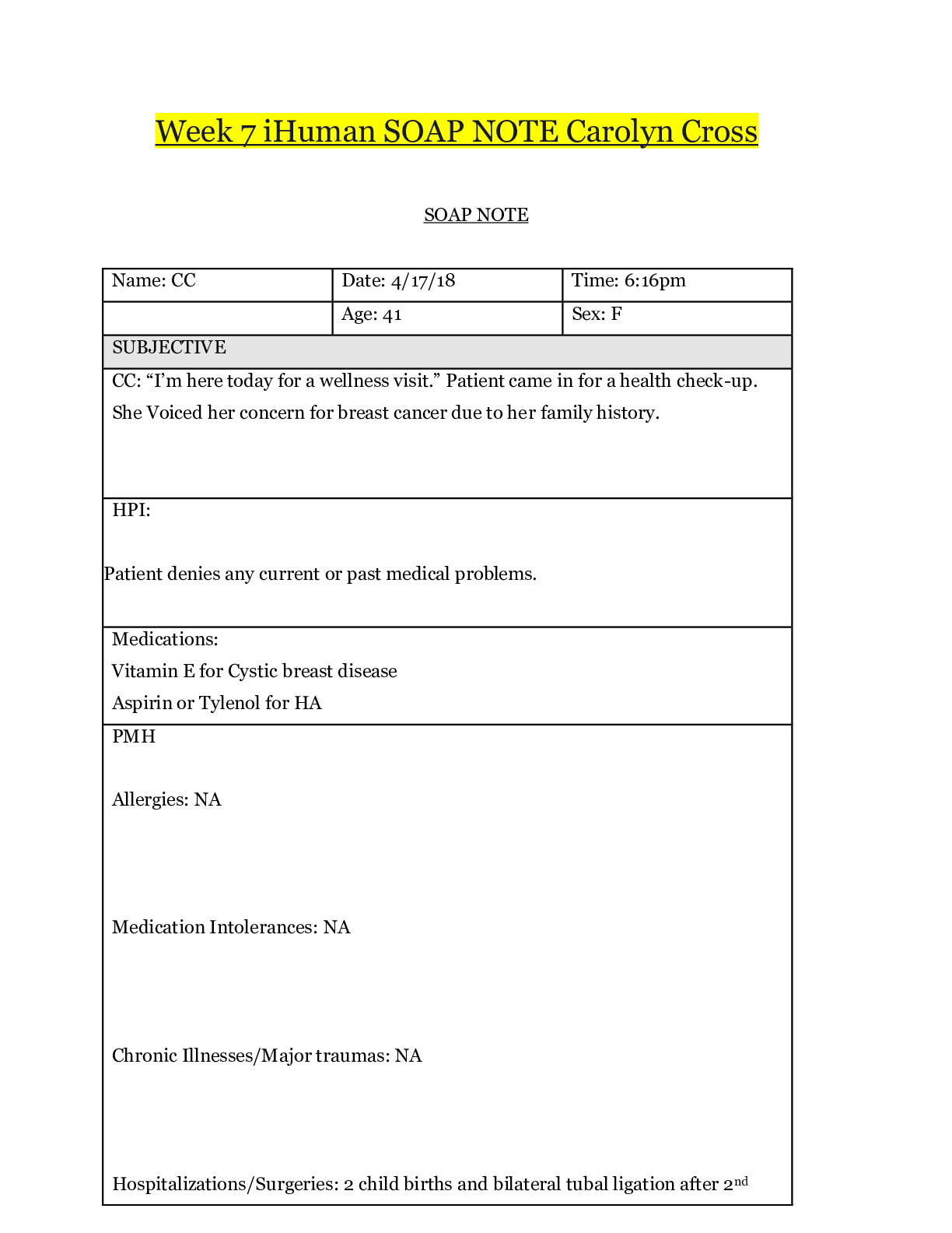 Preview image for Carolyn Cross  iHuman SOAP NOTE | iHuman SOAP NOTE